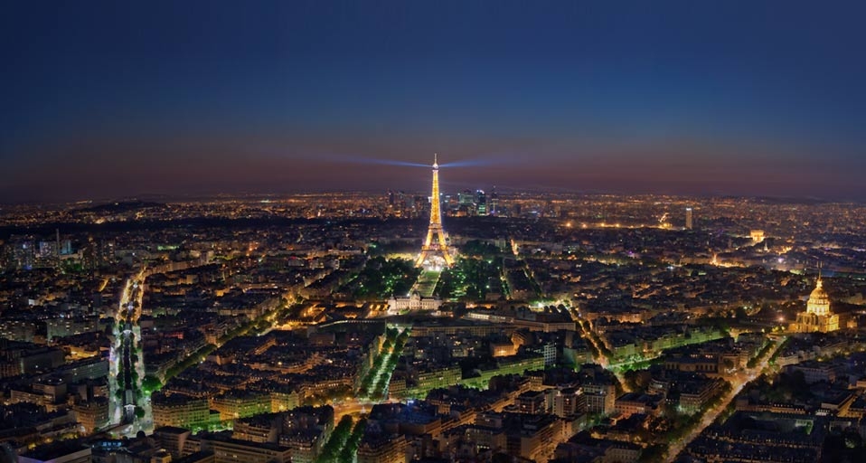 Night falls on Paris,  the famously well-lit city, in this mosaic composed of 22 images -- Stephen Alvarez/National Geographic &copy; (Bing United States)