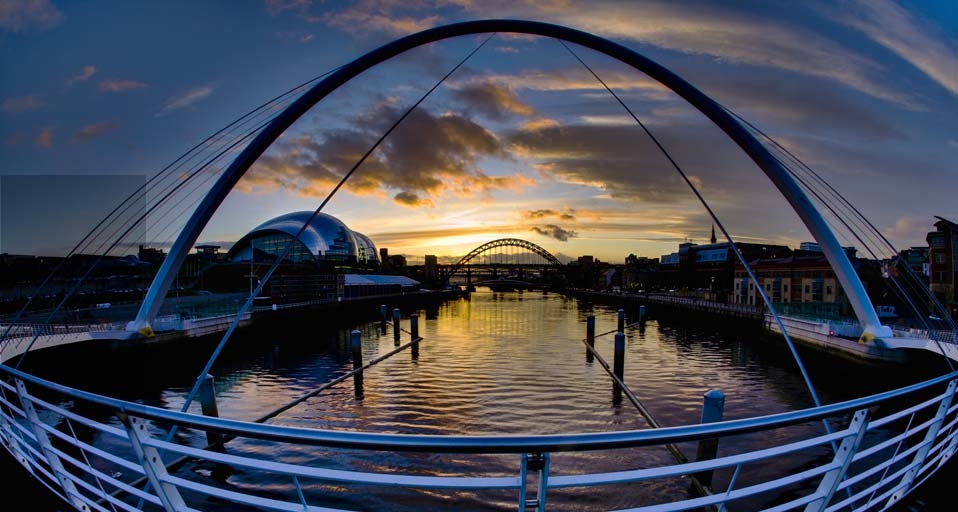 The Gateshead Millennium Bridge, Sage, Tyne Bridge and Newcastle upon Tyne river quayside, Newcastle England -- Jason Friend/Photolibrary &copy; (Bing United Kingdom)