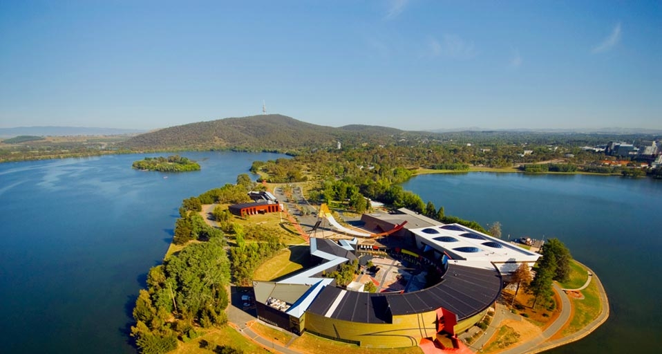 Aerial shot of the National Museum of Australia, surrounded by Lake Burley Griffin with Black Mountain in the background, Canberra, ACT -- Christopher Groenhout/Lonely Planet/Getty Images &copy; (Bing Australia)