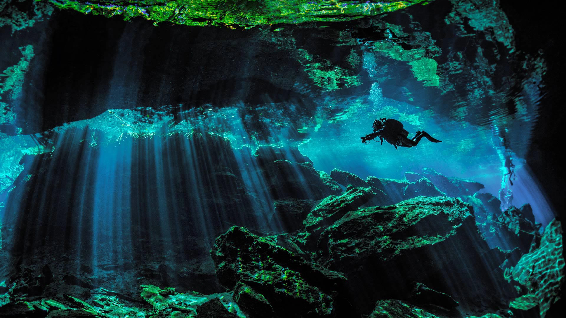 潜水员探索文图拉斯港附近的水下天然井，墨西哥 (© Extreme Photographer/Getty Images)(Bing China)