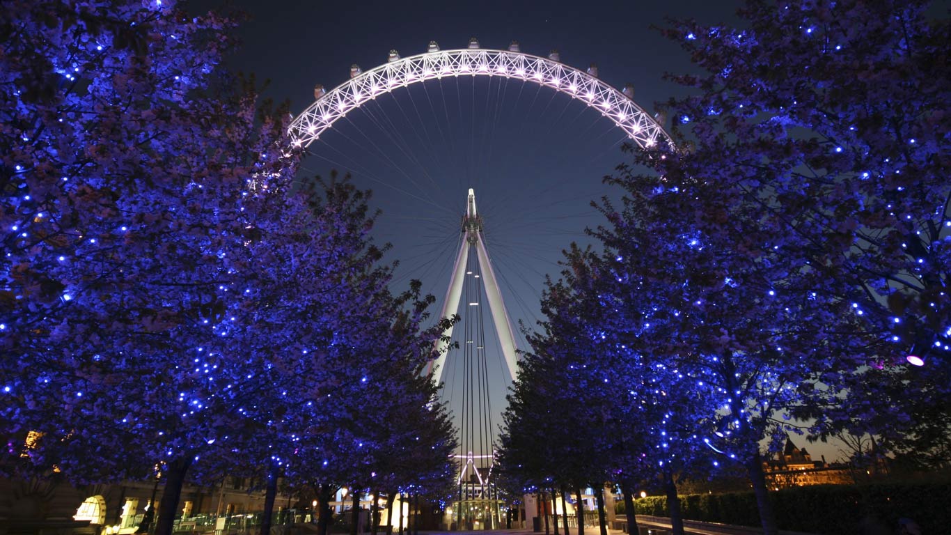 The London Eye at night behind illuminated trees (© rodrigoono/RooM the Agency/Corbis)(Bing New Zealand)