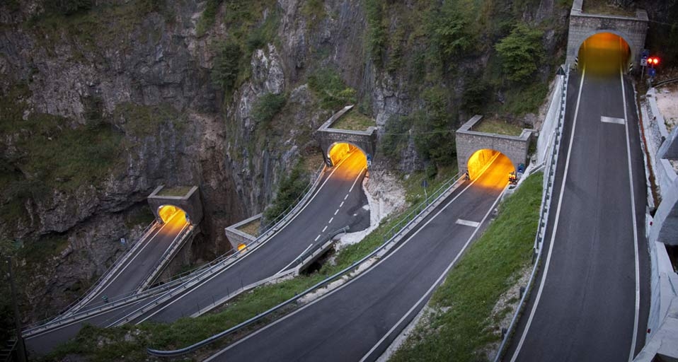 Hairpin bends in the tunnels climbing toward San Boldo pass, Treviso district, Veneto, Italy -- SIME/eStock Photo &copy; (Bing Canada)