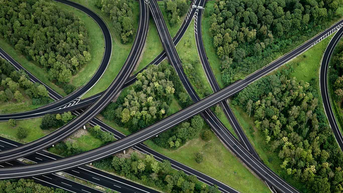 Aerial view of highway interchange, North Rhine-Westphalia, Germany (© Markus Hanke/Gallery Stock)(Bing Canada)