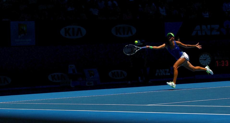 MELBOURNE, AUSTRALIA - JANUARY 24: Victoria Azarenka of Belarus plays during day nine of the 2012 Australian Open at Melbourne Park on January 24, 2012 in Melbourne, Australia. (Photo by Cameron Spencer/Getty Images) &copy; (Bing Australia)