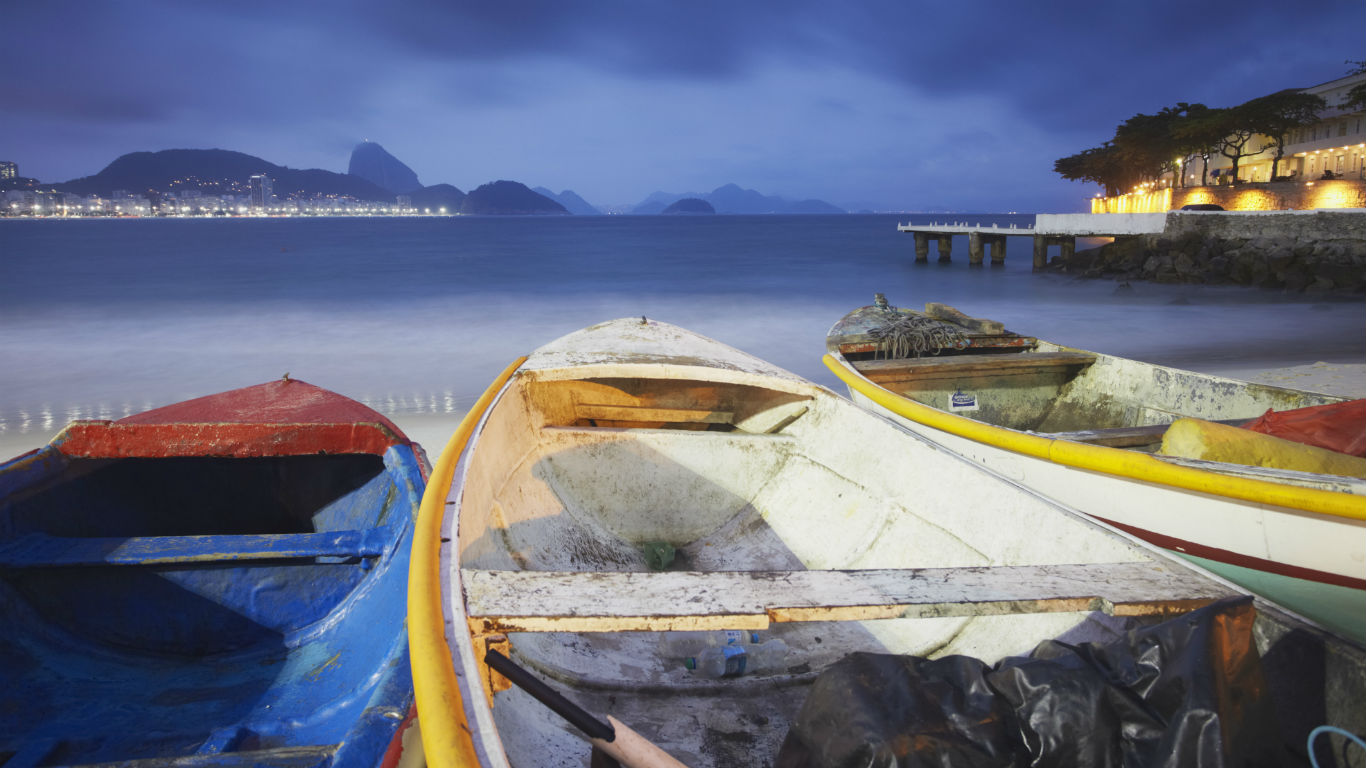 Fishing boats on Copacabana beach at dusk, Rio de Janeiro, Brazil (© Robert Harding Images/Masterfile)(Bing Canada)