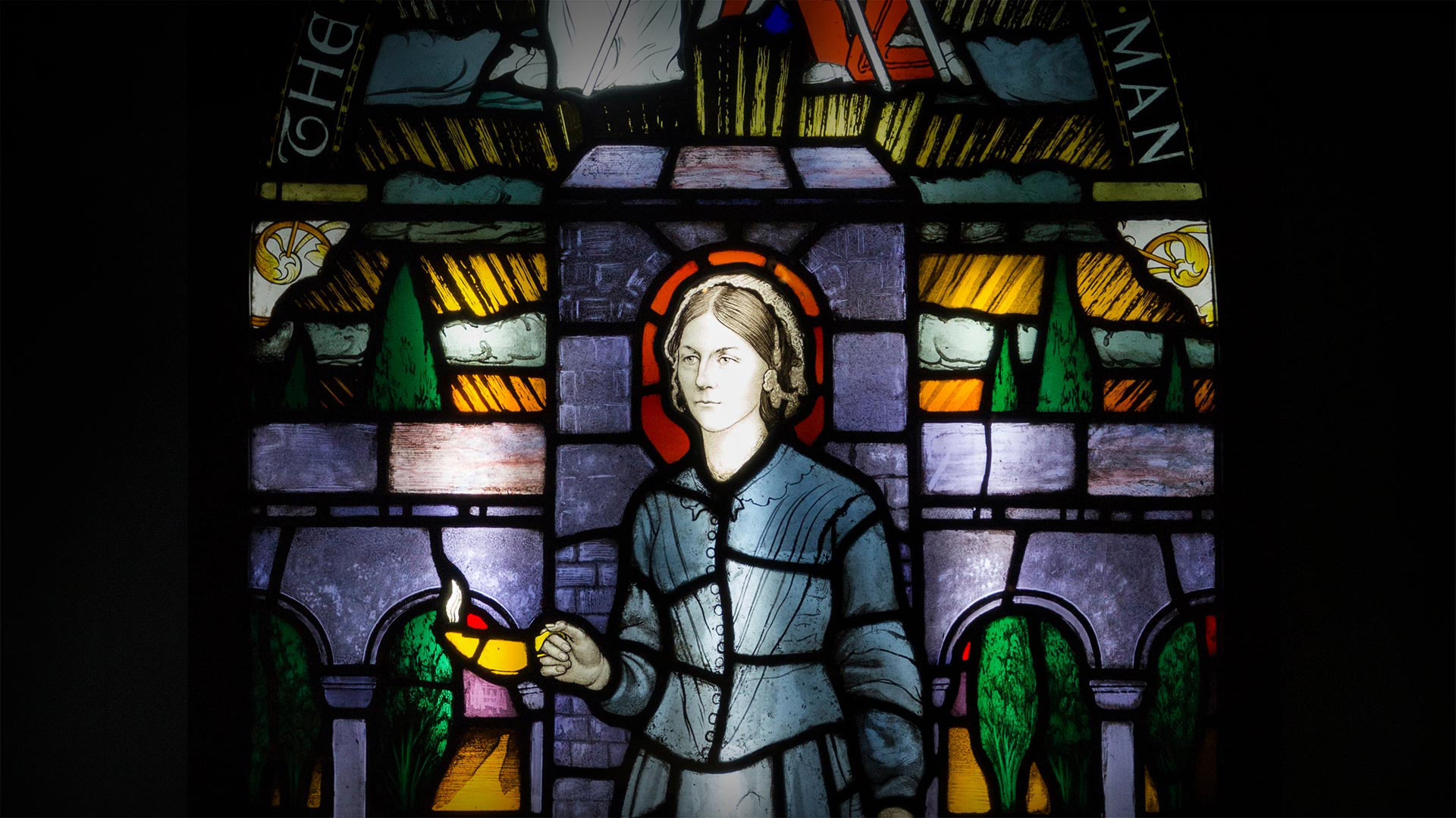 Painted and leaded glass window panel on display at the Florence Nightingale Museum, London, U.K. (© David Gee/Alamy)(Bing Canada)