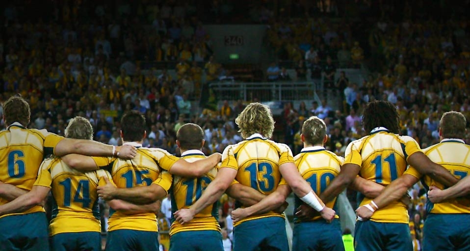 The Wallabies embrace before the 2008 Tri Nations series Bledisloe Cup match -- Bradley Kanaris/Getty Images &copy; (Bing Australia)
