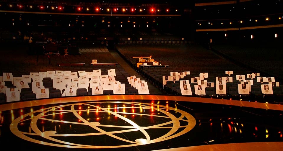 Auditorium and seating cards at the 60th Primetime Emmy Awards in 2008 -- Mathew Imaging/Getty Images &copy; (Bing United States)
