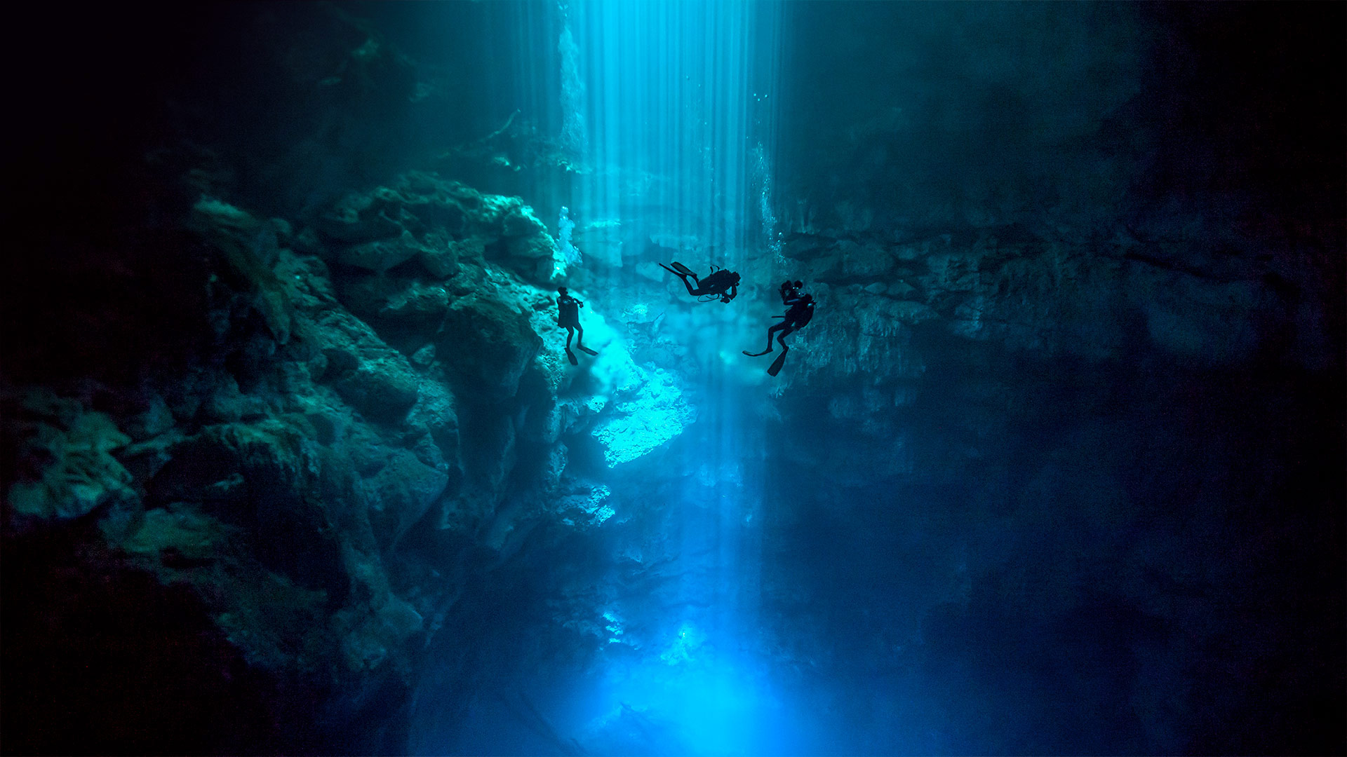 Dos Ojos自然公园里El Pit Cenote的潜水员，墨西哥金塔纳罗奥 (© Christia Vizl/Tandem Stills + Motion)(Bing China)