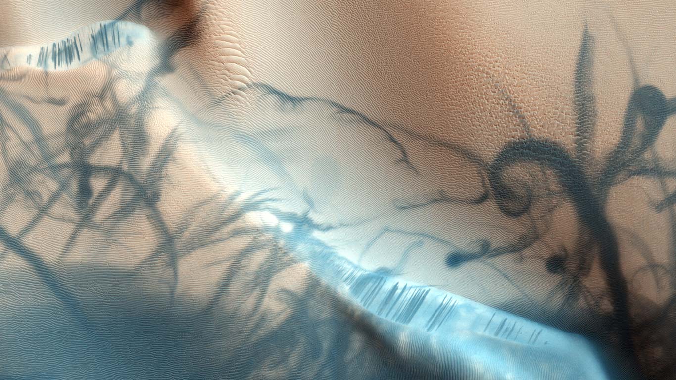 Dust devil trails on the surface of Mars (© NASA/JPL/University of Arizona)(Bing Canada)