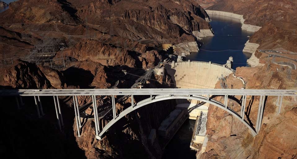 An aerial view shows part of the Hoover Dam Bypass Project in front of the Hoover Dam in the Lake Mead National Recreation Area, Nevada -- Ethan Miller/Getty Images &copy; (Bing United States)