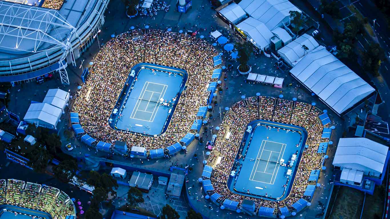 Dusk aerial view of Rod Laver Arena at the Australian Open tennis tournament (© Brett Price/age footstock)(Bing Australia)