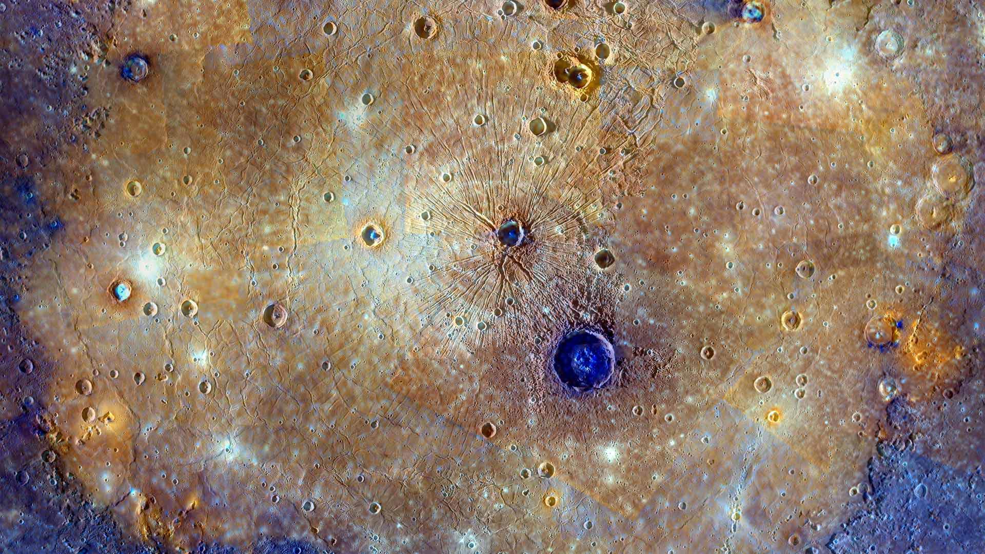 卡洛里盆地的合成全彩图，水星 (© NASA/Johns Hopkins University Applied Physics Laboratory/Carnegie Institution of Washington)(Bing China)