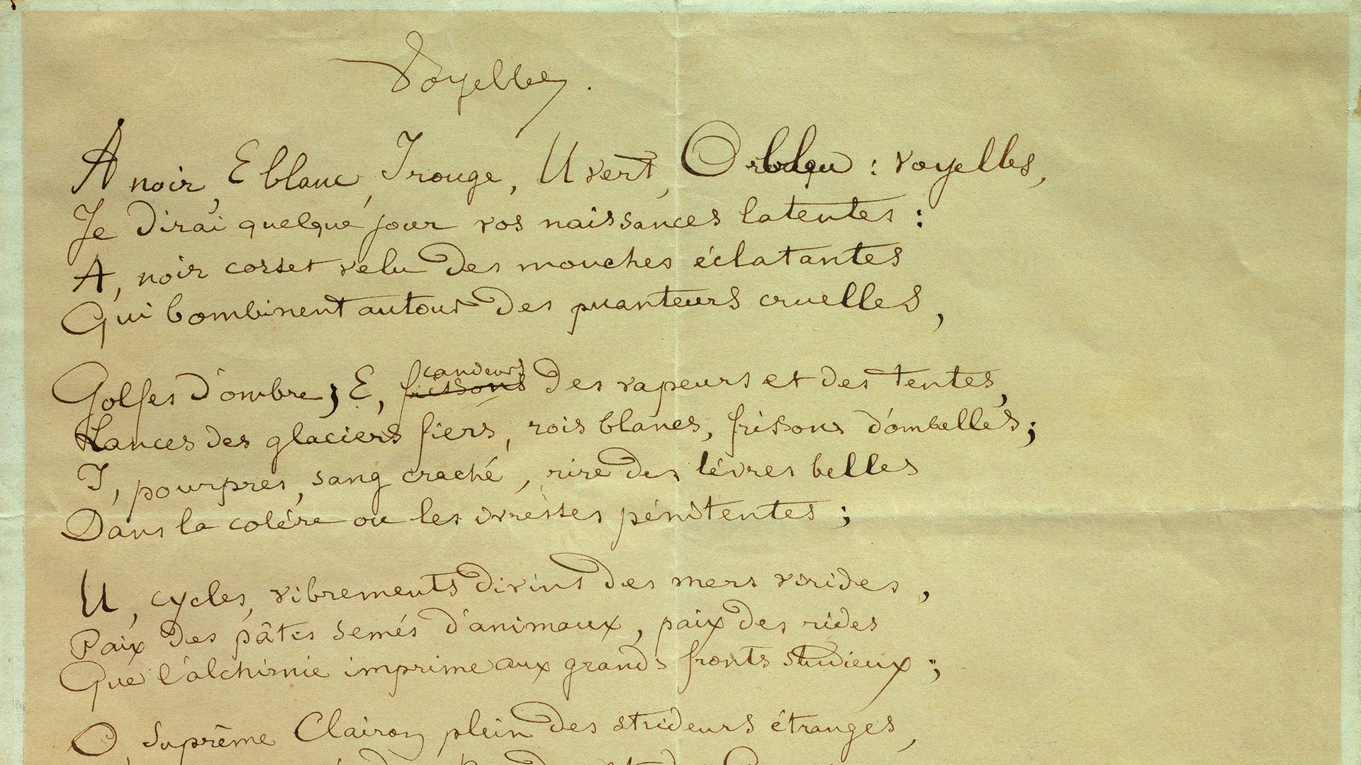 Manuscrit du poème « Les Voyelles » par Arthur Rimbaud (1854-1891),  Musée Arthur Rimbaud, Charleville-Mezieres (© Photo by: Christophel Fine Art/Universal Images Group via Getty Images)(Bing France)