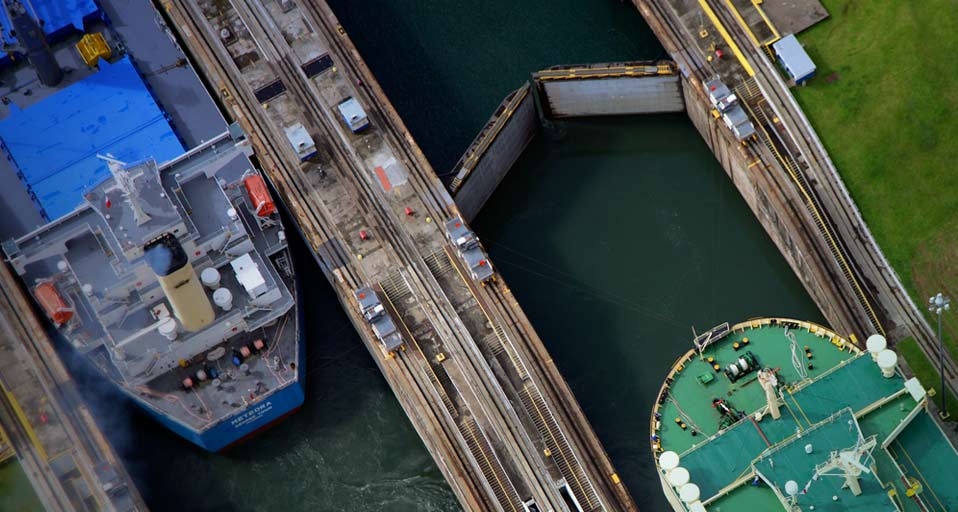 Aerial of two vessels during maneuvers in Gatun Locks, Panama Canal -- Diego Lezama/Lonely Planet &copy; (Bing Canada)
