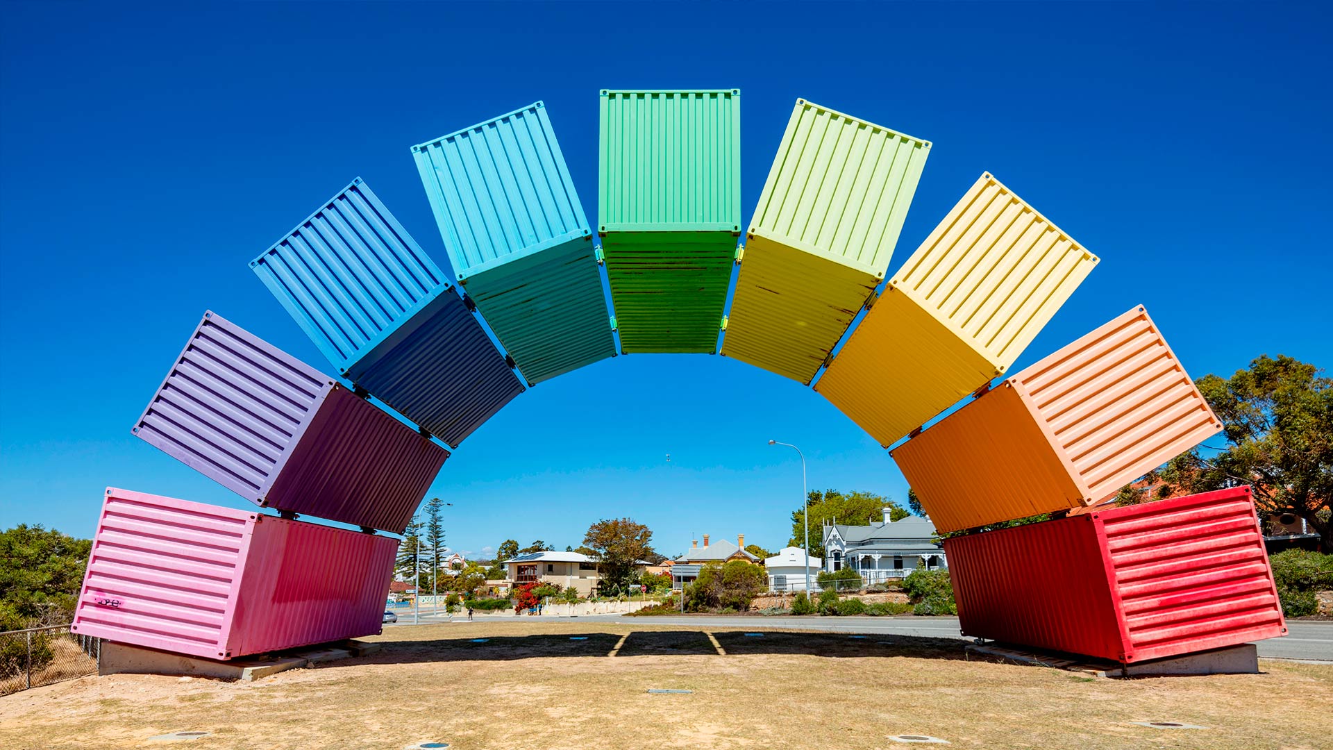 Wide angle view of rainbow-coloured shipping containers in Fremantle, Australia (© Michael R Evans/Shutterstock)(Bing Australia)