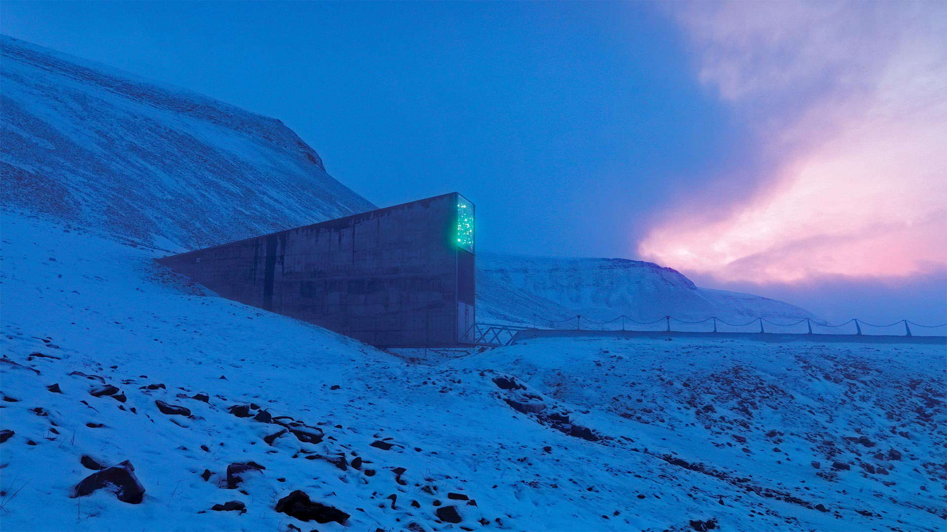 Svalbard Global Seed Vault with a glittering facade designed by artist Dyveke Sanne, Svalbard, Norway (© Pal Hermansen/Minden Pictures)(Bing Canada)