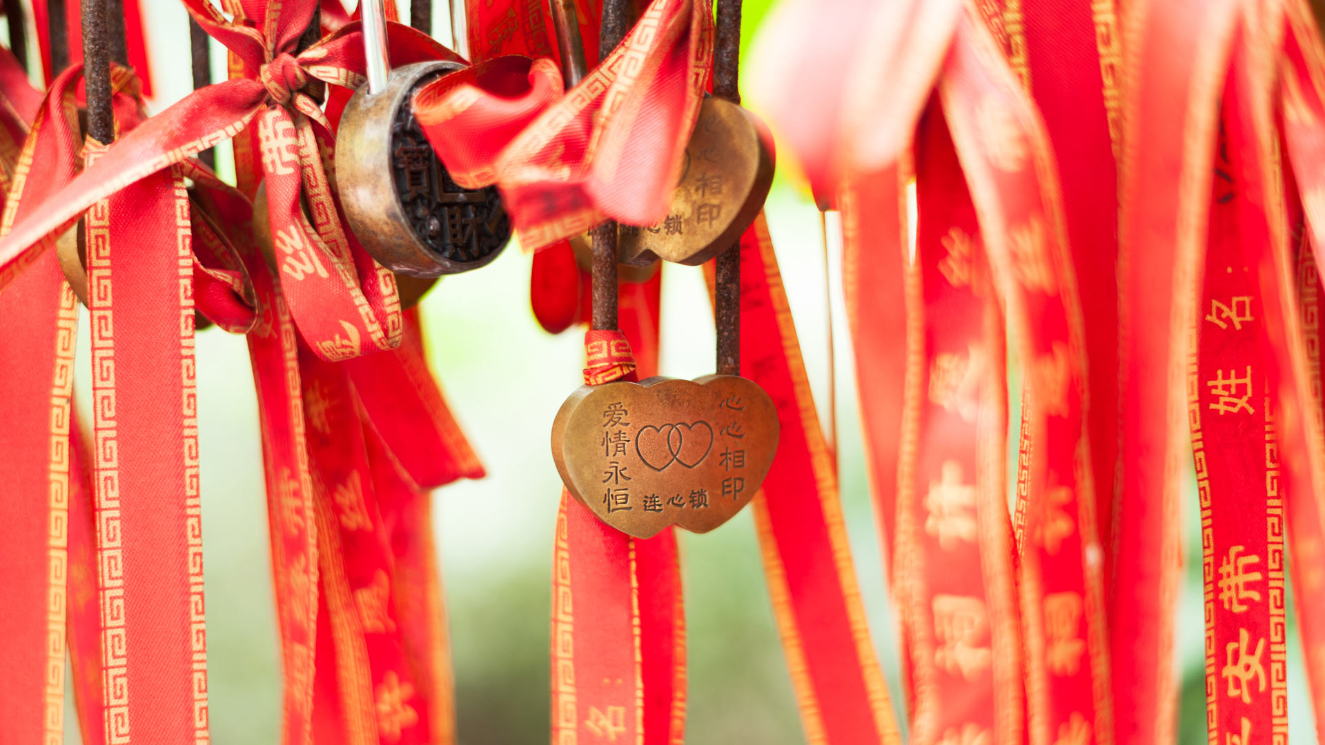 【今日七夕】Love locker on a red stripe hanging in a temple in Chengdu, China © Philippe LEJEANVRE/Getty Images(Bing China)