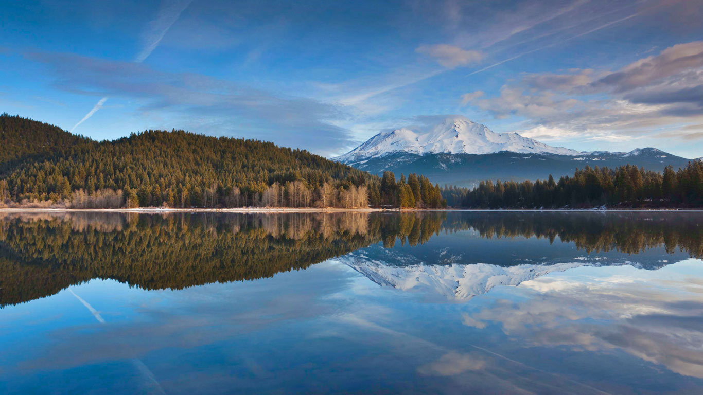 锡斯基尤湖面上沙斯塔雪山的倒影， 加利福尼亚州北部 (© Danita Delimont/Alamy)(Bing China)