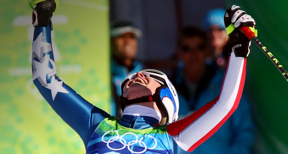 Lindsey Vonn of the USA celebrates after completing the Alpine Skiing Ladies Downhill at the Vancouver 2010 Winter Olympics on February 17, 2010 -- Sandra Behne/Bongarts &copy; (Bing Canada)