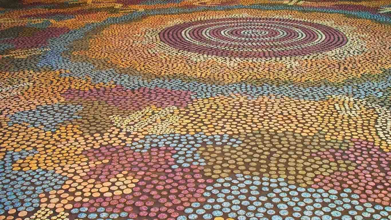 Mural of Papunya Tula artist Michael Nelson Tjakamarra’s ‘Possum and Wallaby Dreaming’ at Parliament House, Canberra (© John Gollings/Arcaid/plainpicture)(Bing Australia)