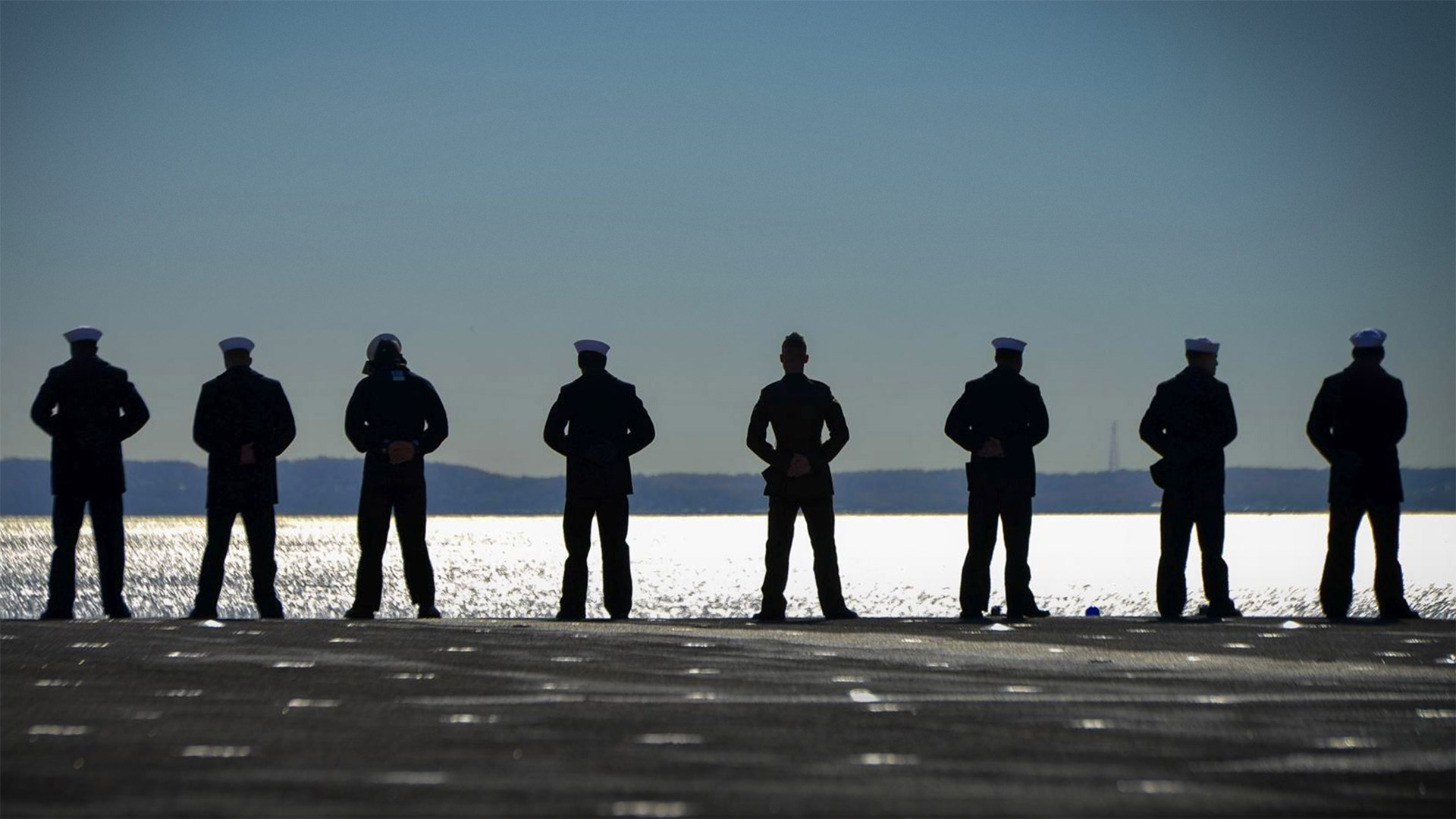 Sailors on the amphibious assault ship USS Iwo Jima on New York