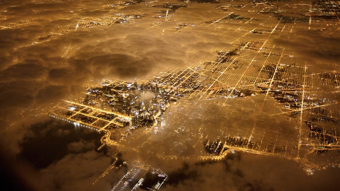 美国伊利诺伊州芝加哥市，夜间俯视图 (© Jim Richardson/Getty Images)(Bing China)