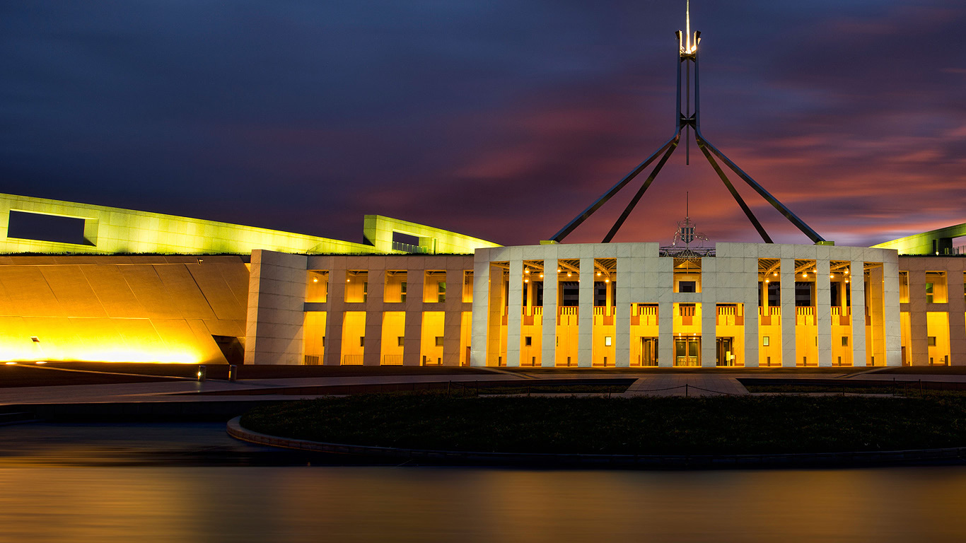Parliament House at night in Canberra, Australian Capital Territory (© Tony Bowler/Alamy)(Bing Australia)