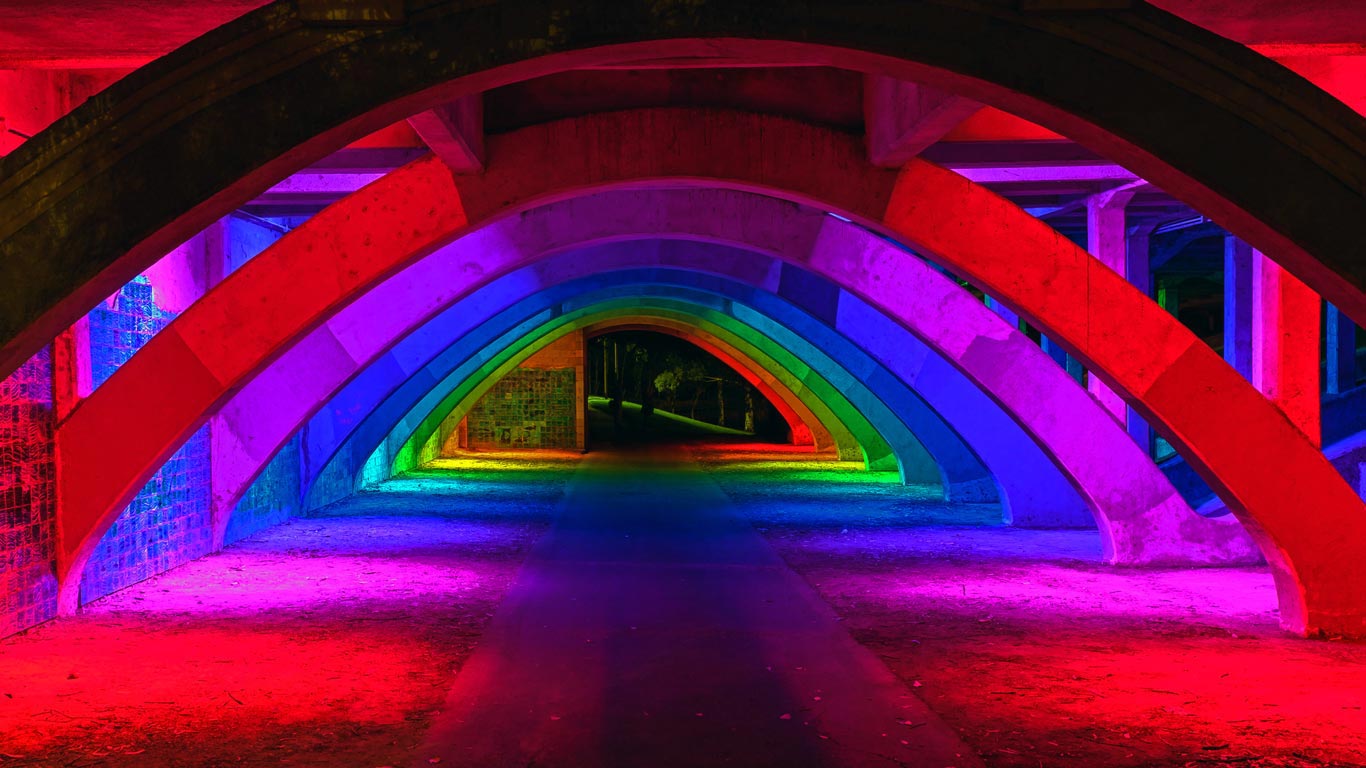 King William Bridge underpass illuminated in Adelaide, Australia (© Andrey Moisseyev/Alamy)(Bing Australia)